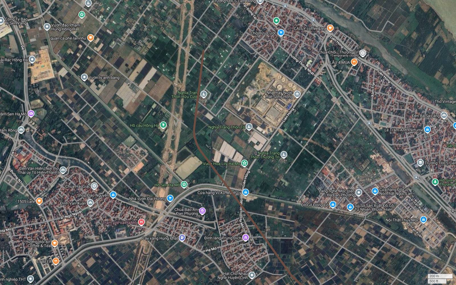 Ảnh vệ tinh đầu tuyến metro số 7 giữa đồng Liên Hồng và Hữu Cước thuộc Đan Phượng, không có đầu mối giao thông công cộng nào