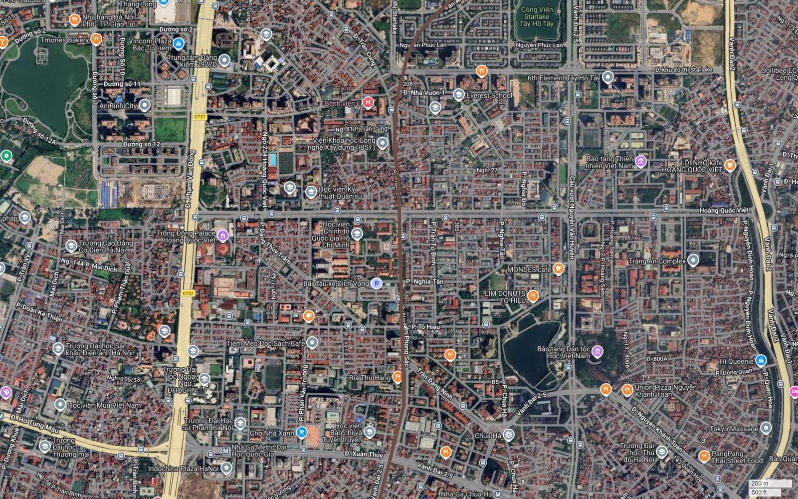 Ảnh vệ tinh hành lang metro số 7 cắt qua khu Nghĩa Tân, nơi có Nhà Ga Metro Đại Học Quốc Gia và Nhà Ga Chùa Hà thuộc tuyến số 3 Nhổn - ga Hà Nội
