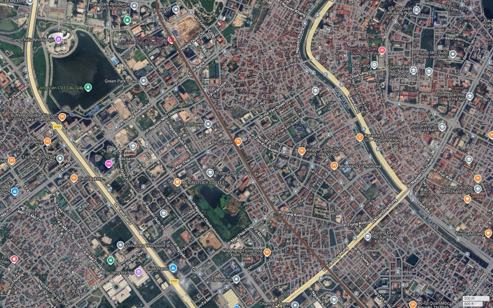 Ảnh vệ tinh hành lang metro số 7 đi giữa Vành đai 3 phía tây và sông Tô Lịch cùng Vành đai 2 phía đông tại Yên Hòa