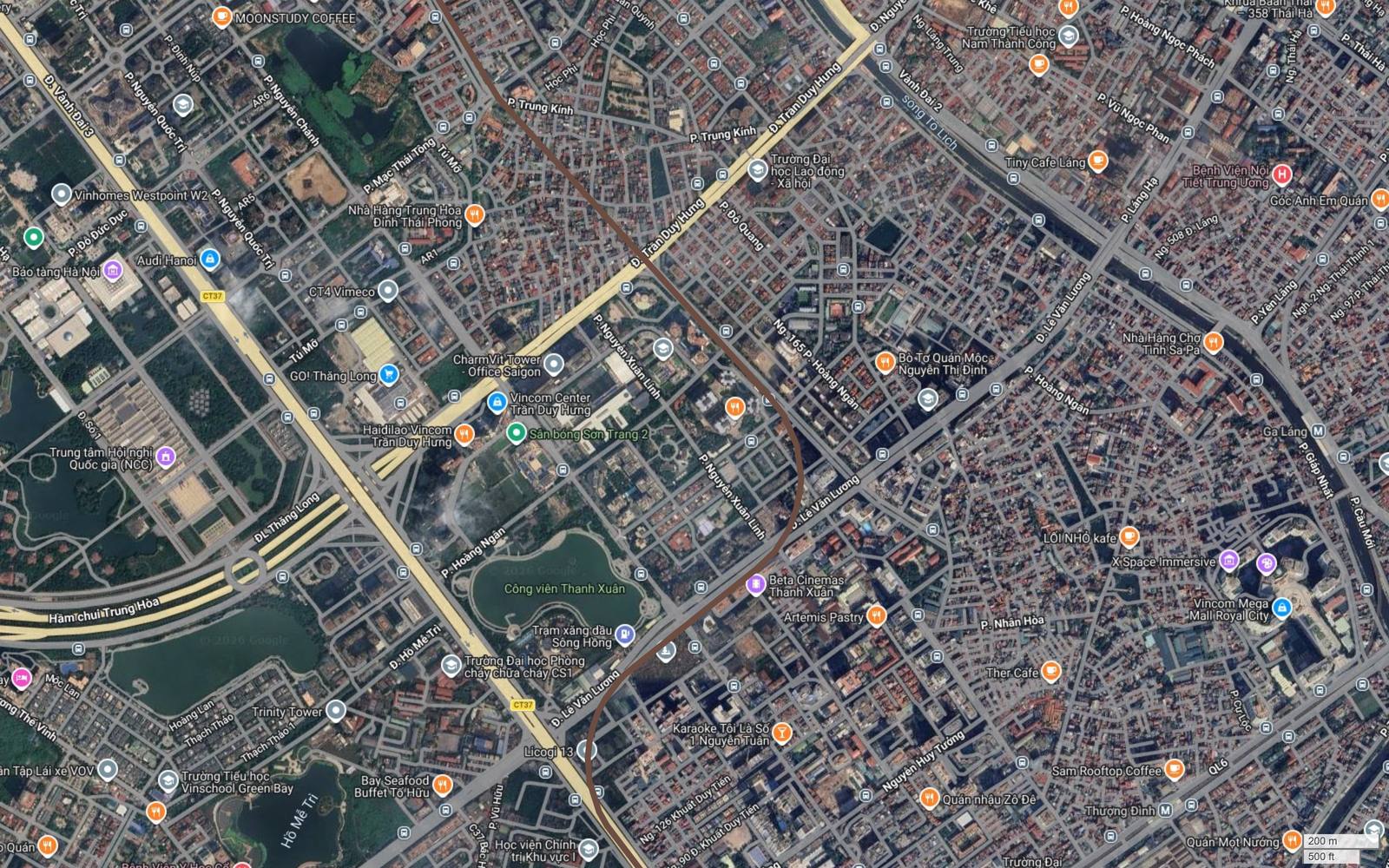Ảnh vệ tinh metro số 7 qua Trung Hòa và Thanh Xuân, với nhãn Ga Láng thuộc tuyến 2A Cát Linh - Hà Đông ở rìa phải khung