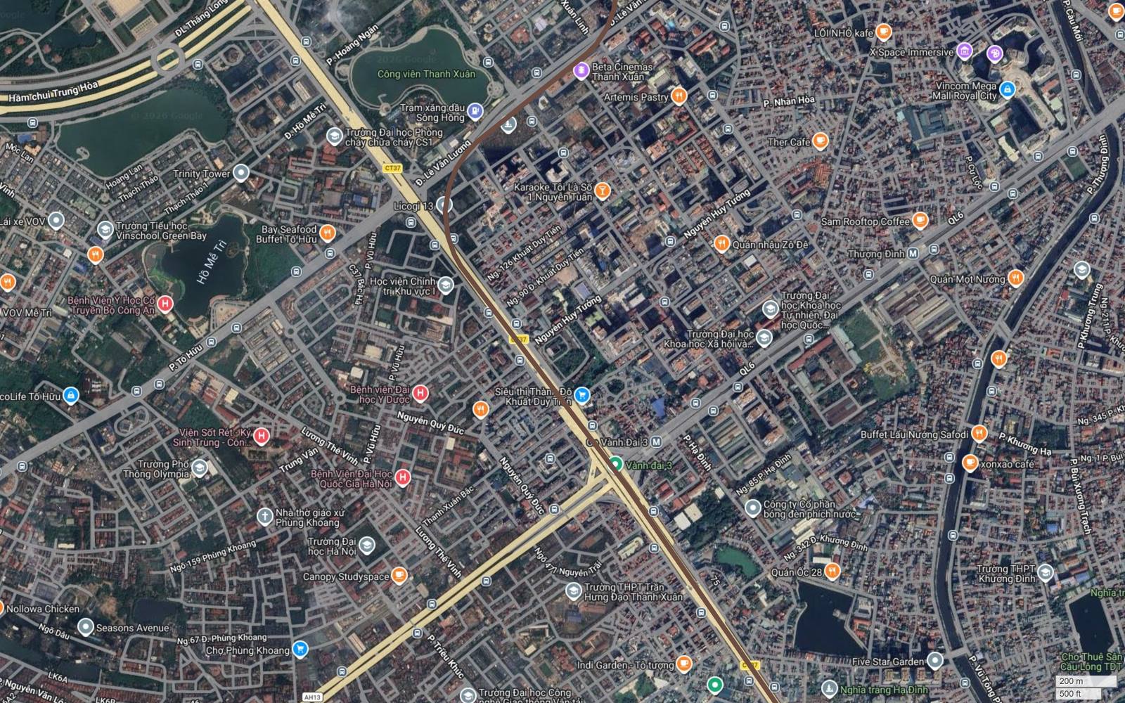 Ảnh vệ tinh hành lang metro số 7 dọc Khuất Duy Tiến cắt qua trục Nguyễn Trãi, nơi có Ga Vành Đai 3 và Ga Thượng Đình của tuyến 2A