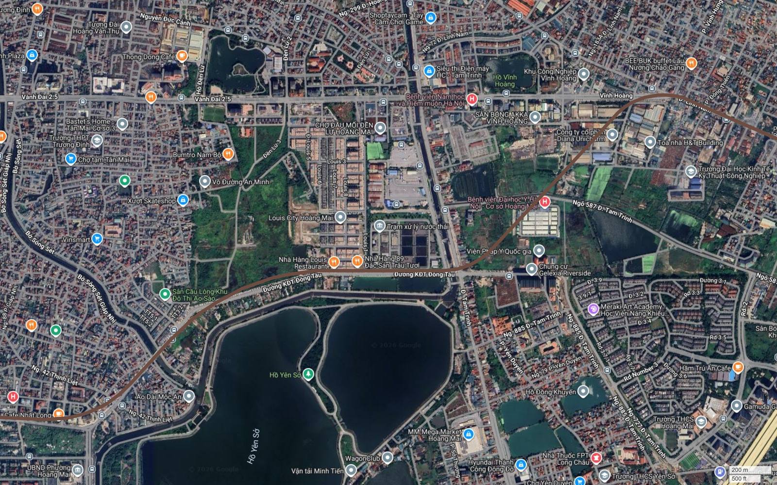 Ảnh vệ tinh hành lang metro số 7 qua Lĩnh Nam và Nam Dư, bám dải Vành đai 3 dẫn lên cầu Thanh Trì