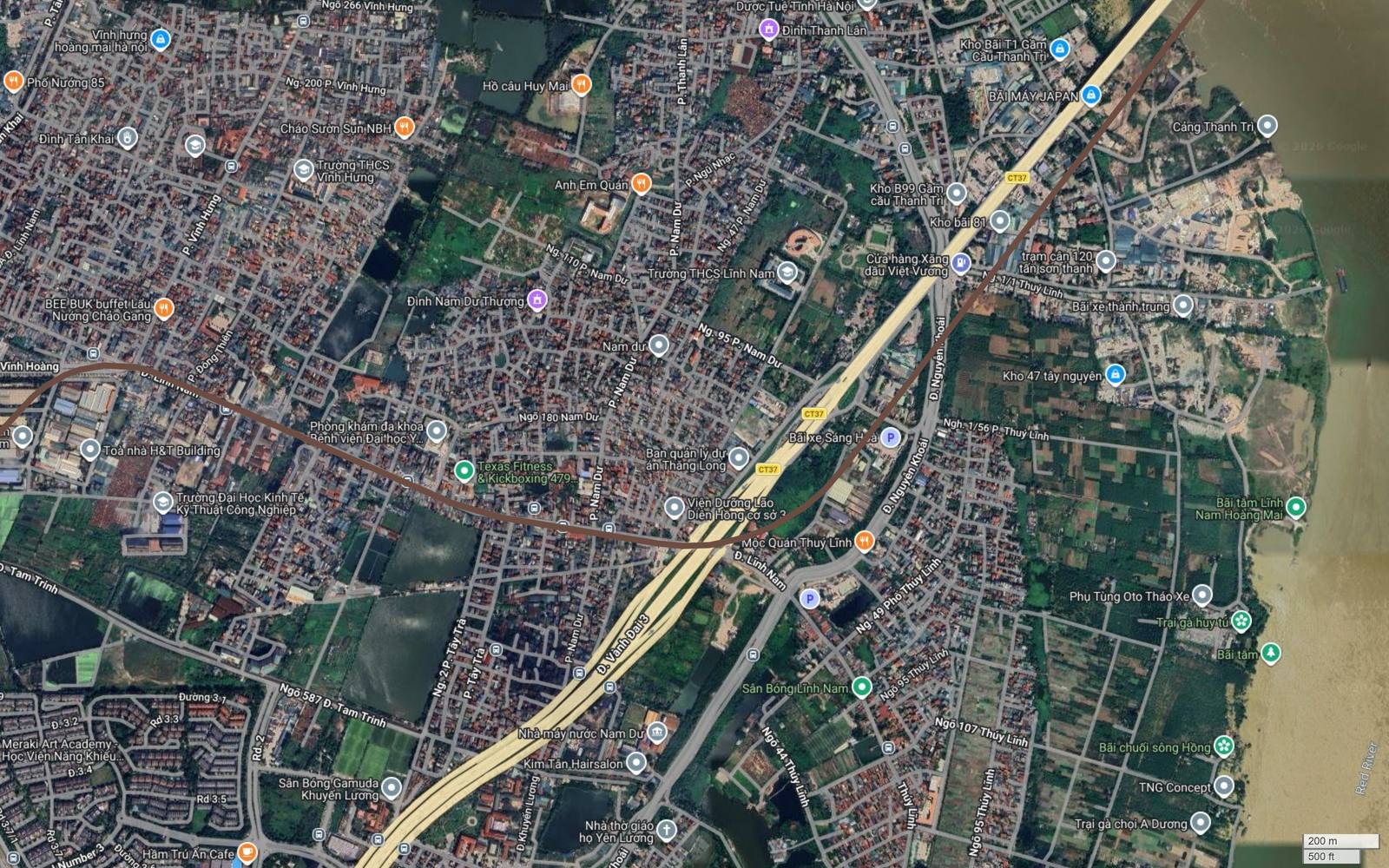 Ảnh vệ tinh hành lang metro số 7 đi cạnh Cảng Thanh Trì và các kho bãi ven sông Hồng khu vực Thúy Lĩnh