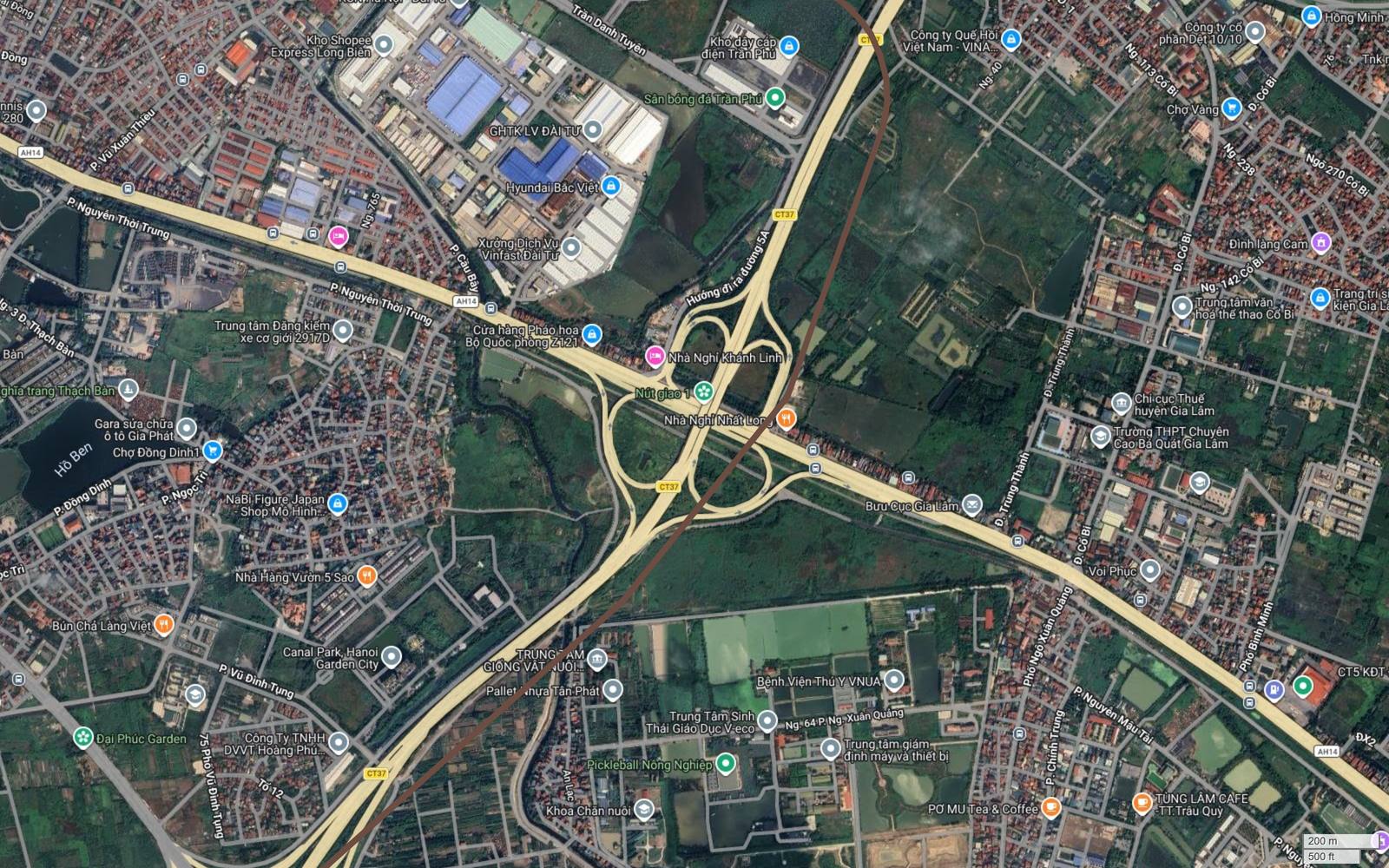 Ảnh vệ tinh metro số 7 cắt qua nút giao Vành đai 3 với Quốc lộ 5 mang nhãn AH14 tại Cổ Bi, Gia Lâm